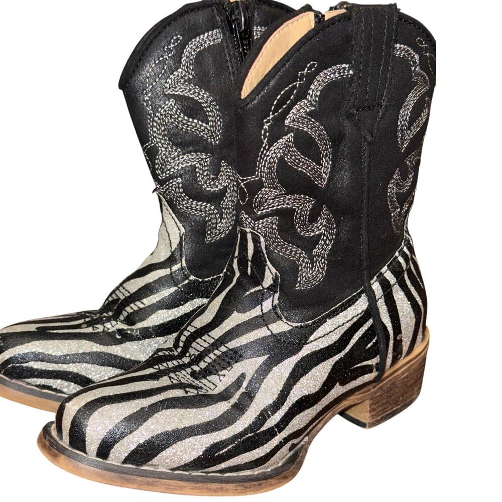 Roper Cowgirl Rockstar Boots Sz 7 Toddler Black Silver Zebra Western Glitter